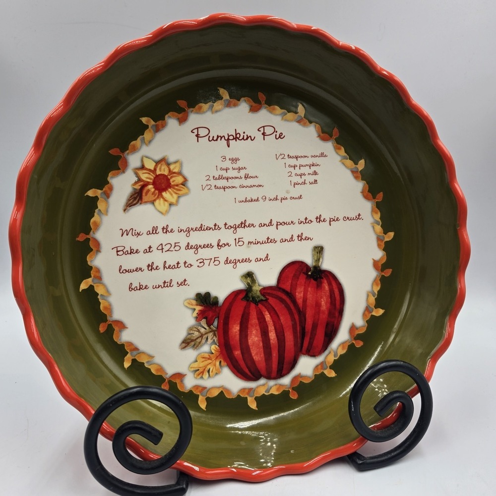 Vtg Pumpkin Pie Dish Recipe Plate Scalloped Edges Cottagecore Country Grn Orange